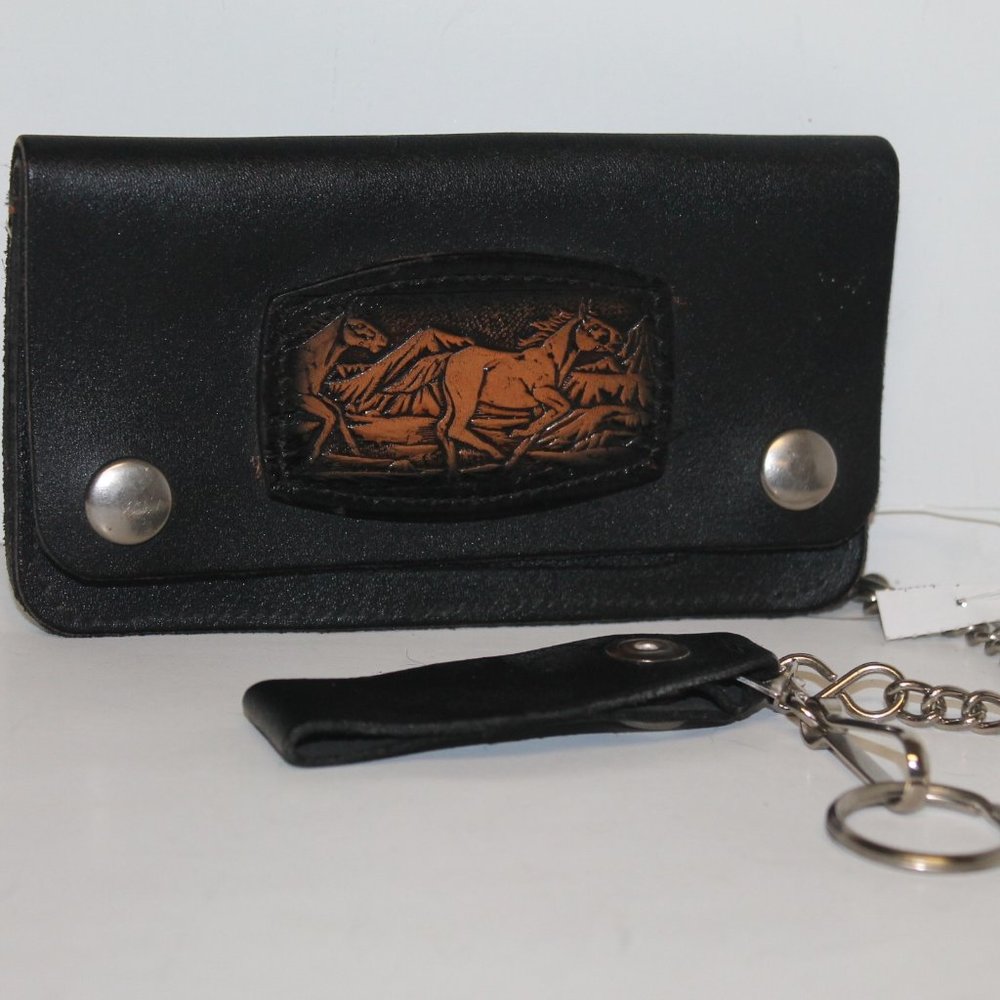 New Handmade Tooled Leather Biker Wallet w Chain